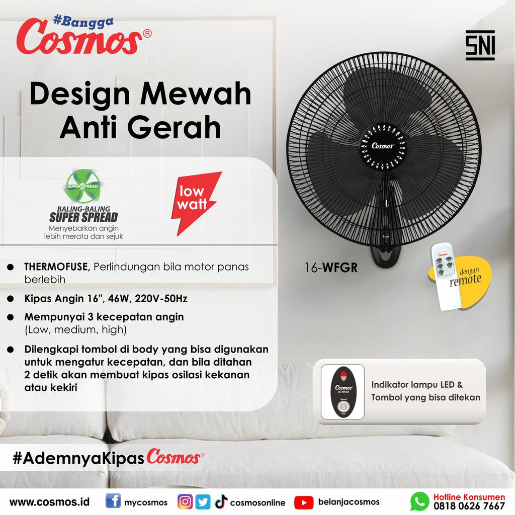 VC056 - Cosmos Kipas Angin Wall Fan 16-WFGR (remote)